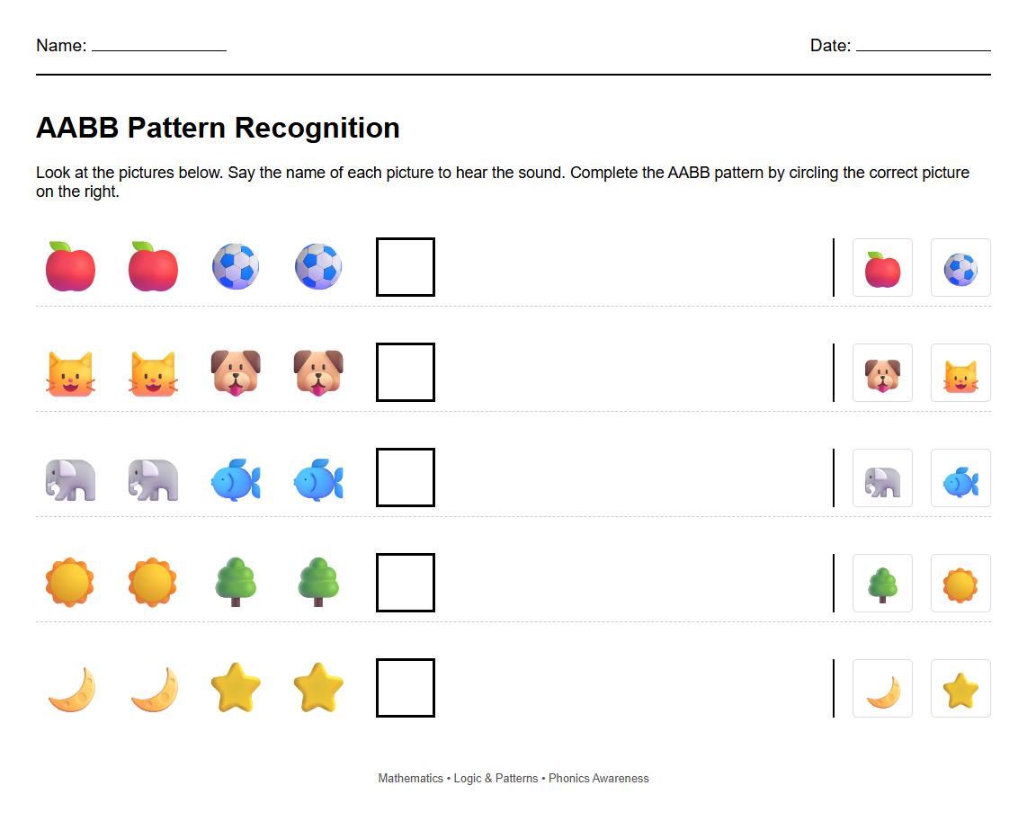 AABB Pattern Recognition with Phonics Images Worksheet
