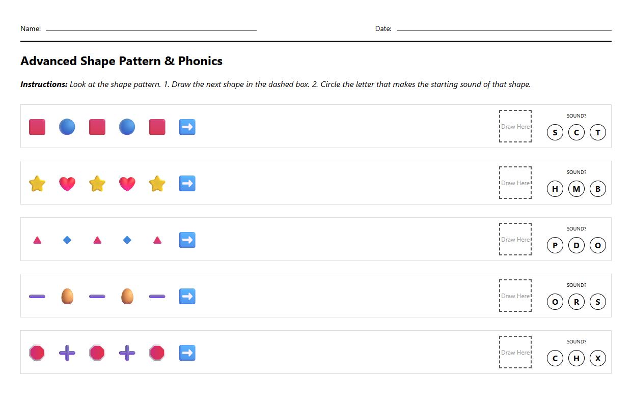 Advanced Shape Pattern Phonics Association Worksheet