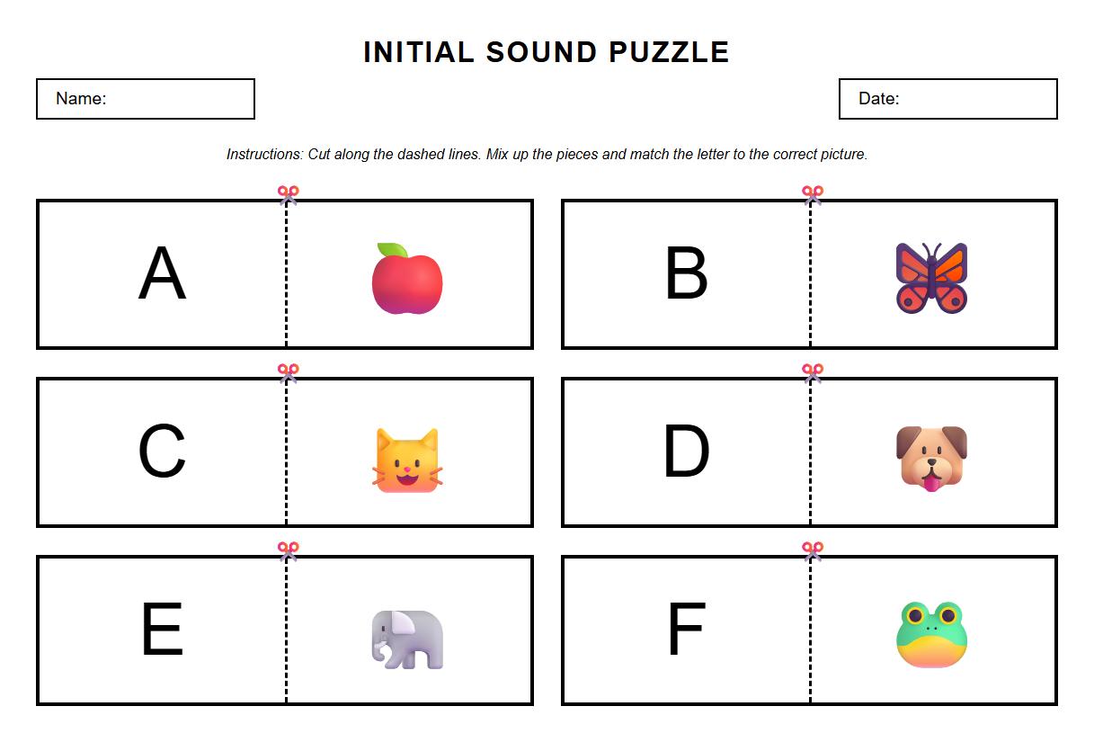 Alphabet Initial Sound Picture Matching Puzzle Worksheet