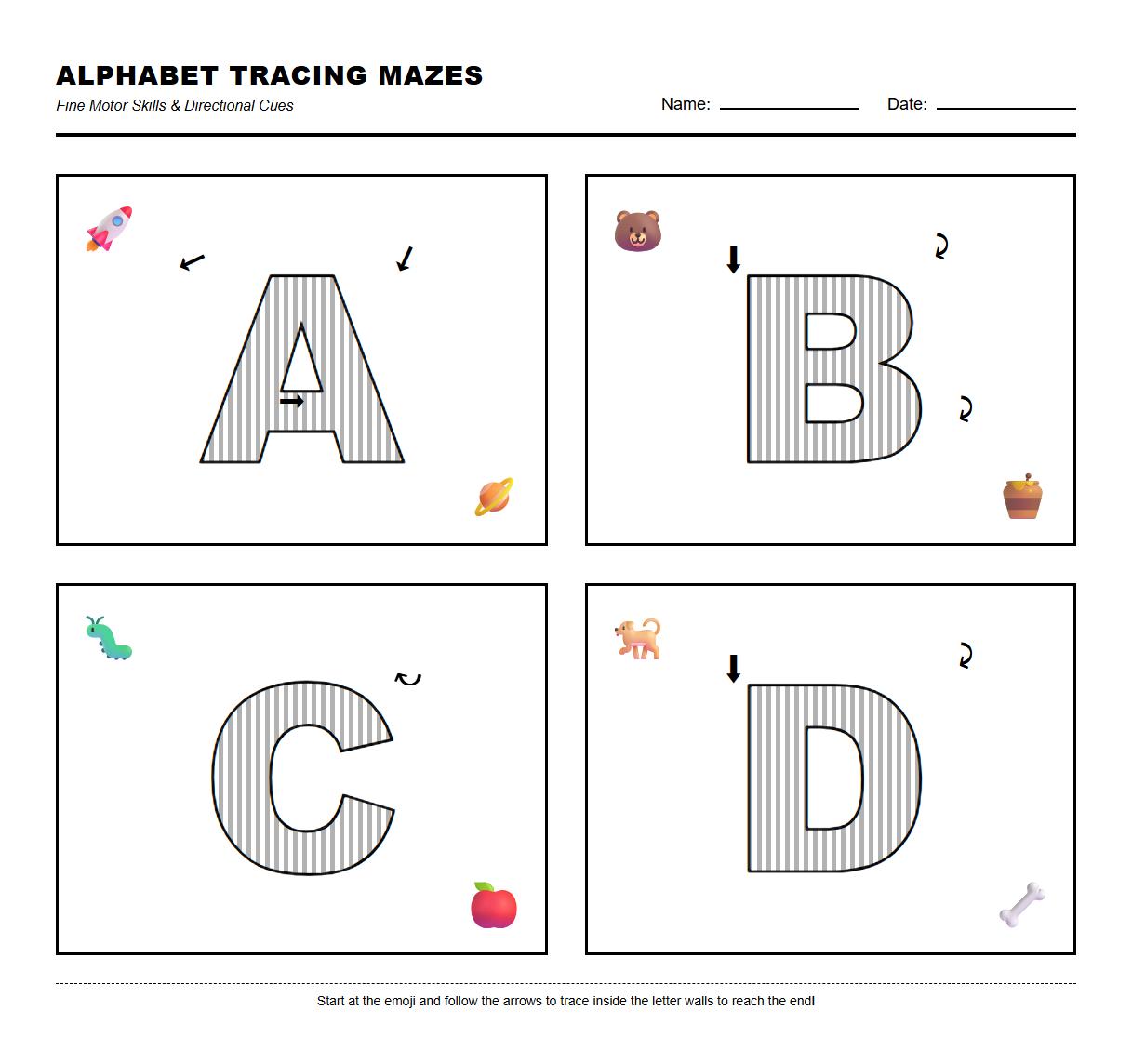 Alphabet Tracing Mazes with Directional Arrow Cues