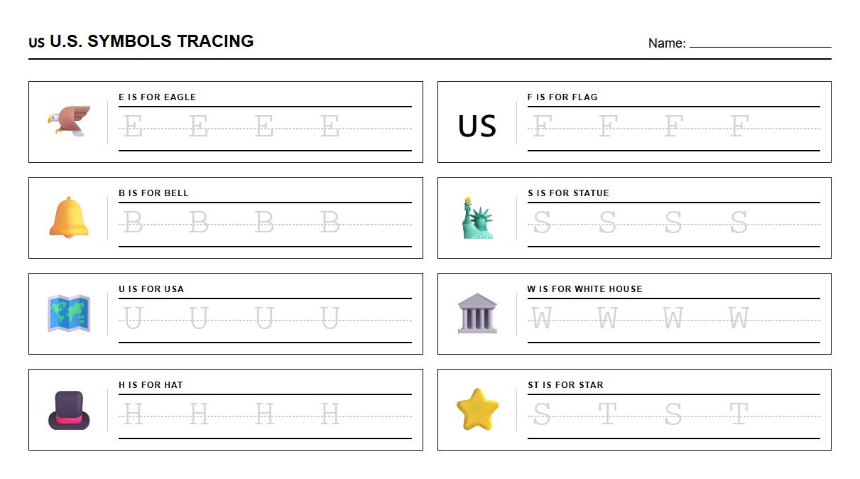 Alphabet tracing worksheet featuring American National Symbols