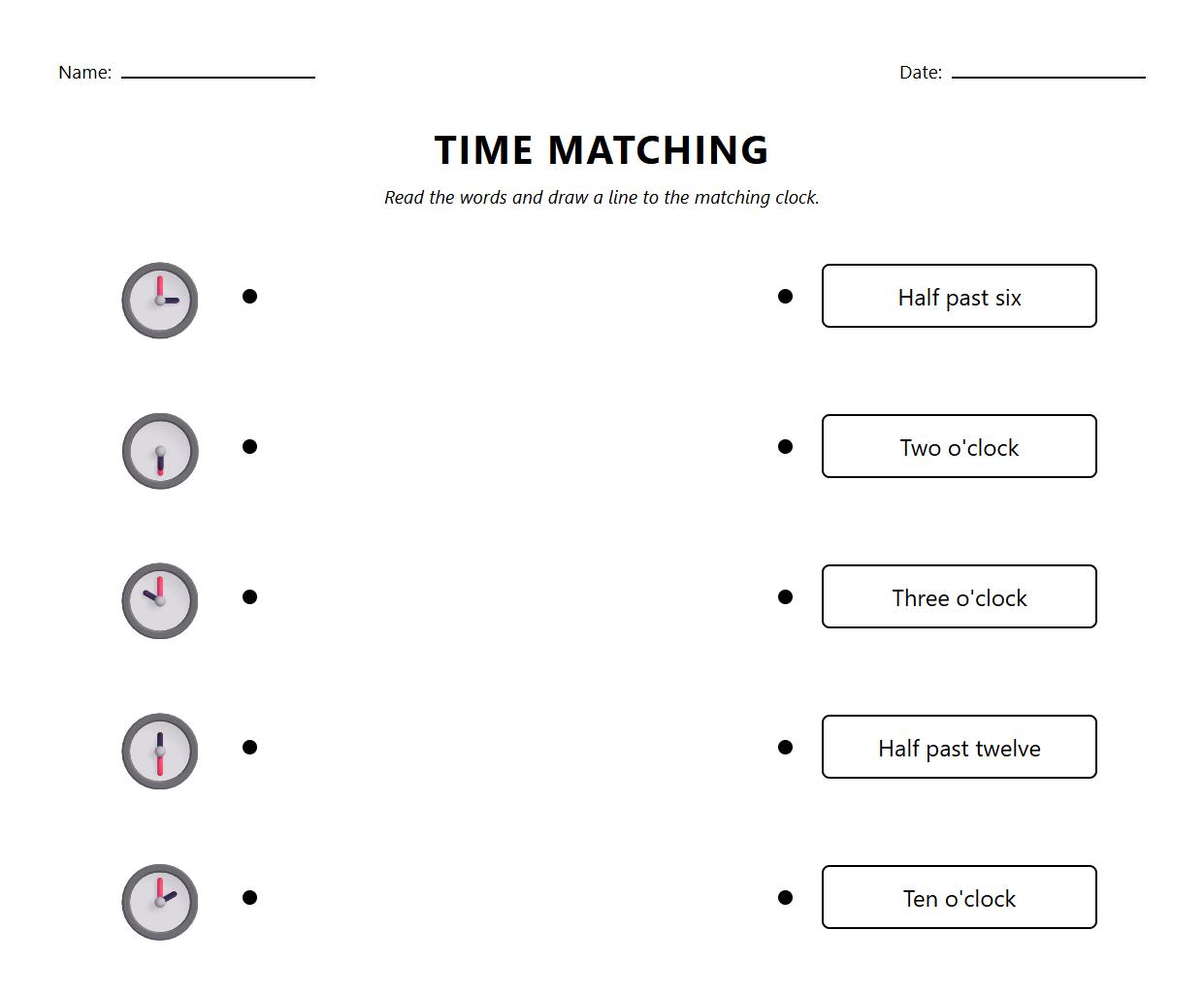 Analog Clock Matching Phonics Worksheet for Hour and Half Hour