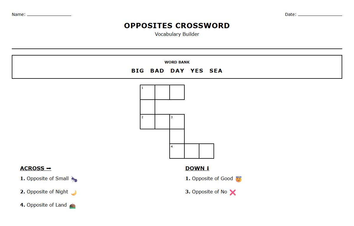 Antonym Vocabulary Building Crossword Puzzle