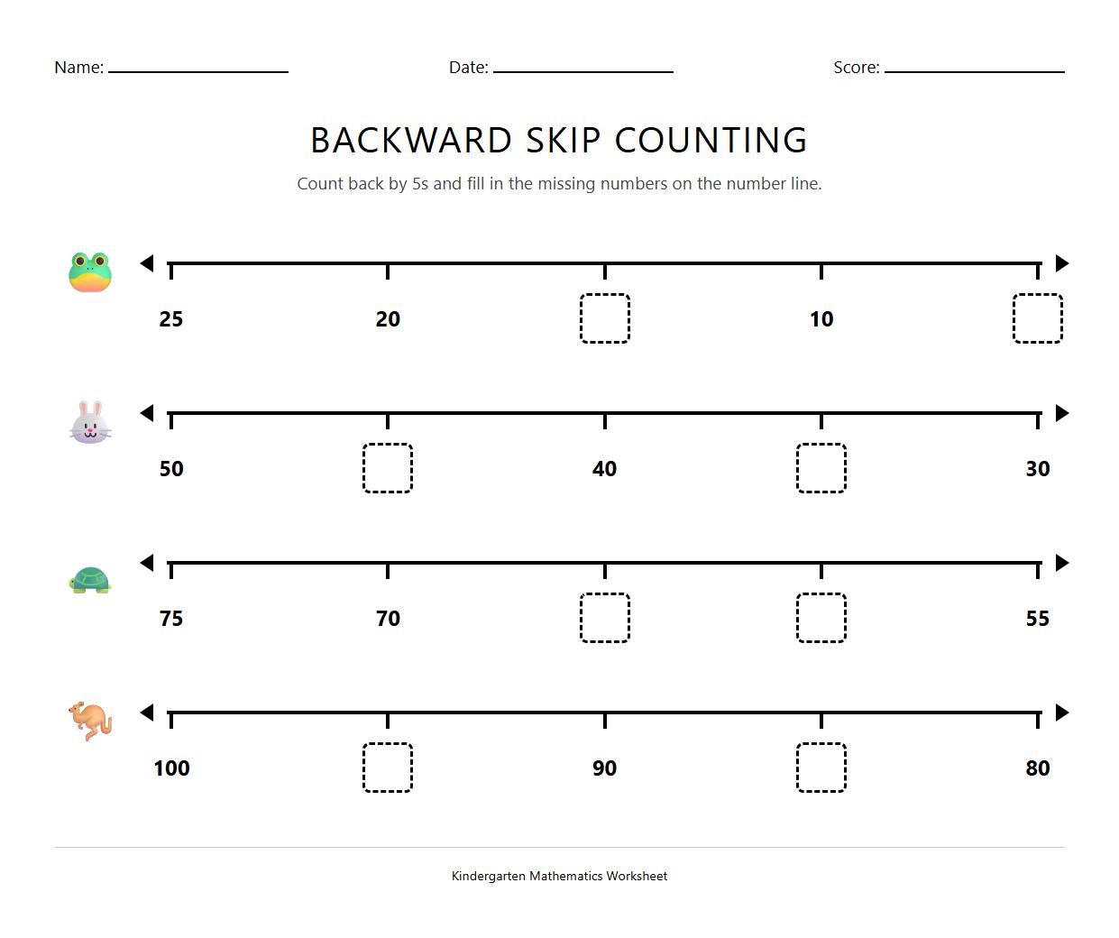 Backward Skip Counting by 5s on Number Line Worksheet