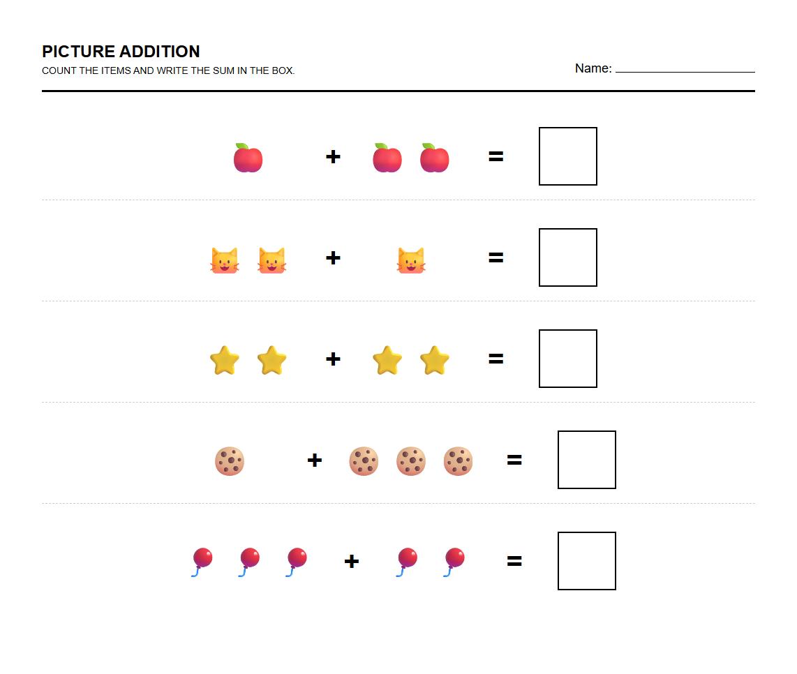 Basic Addition with Picture Clues Worksheet