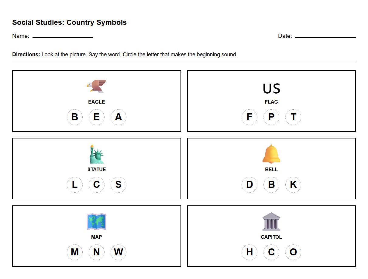 Beginning Letter Sounds Country Symbols Worksheet