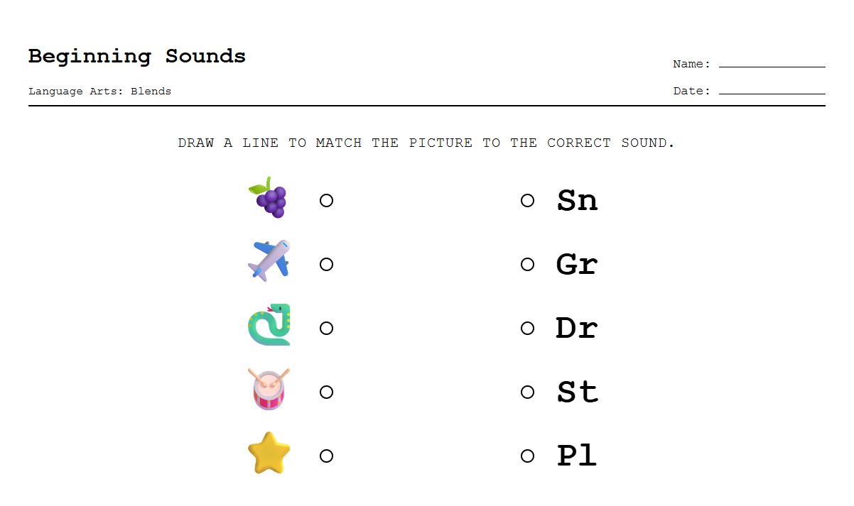 Beginning Sounds Blends Matching Exercise