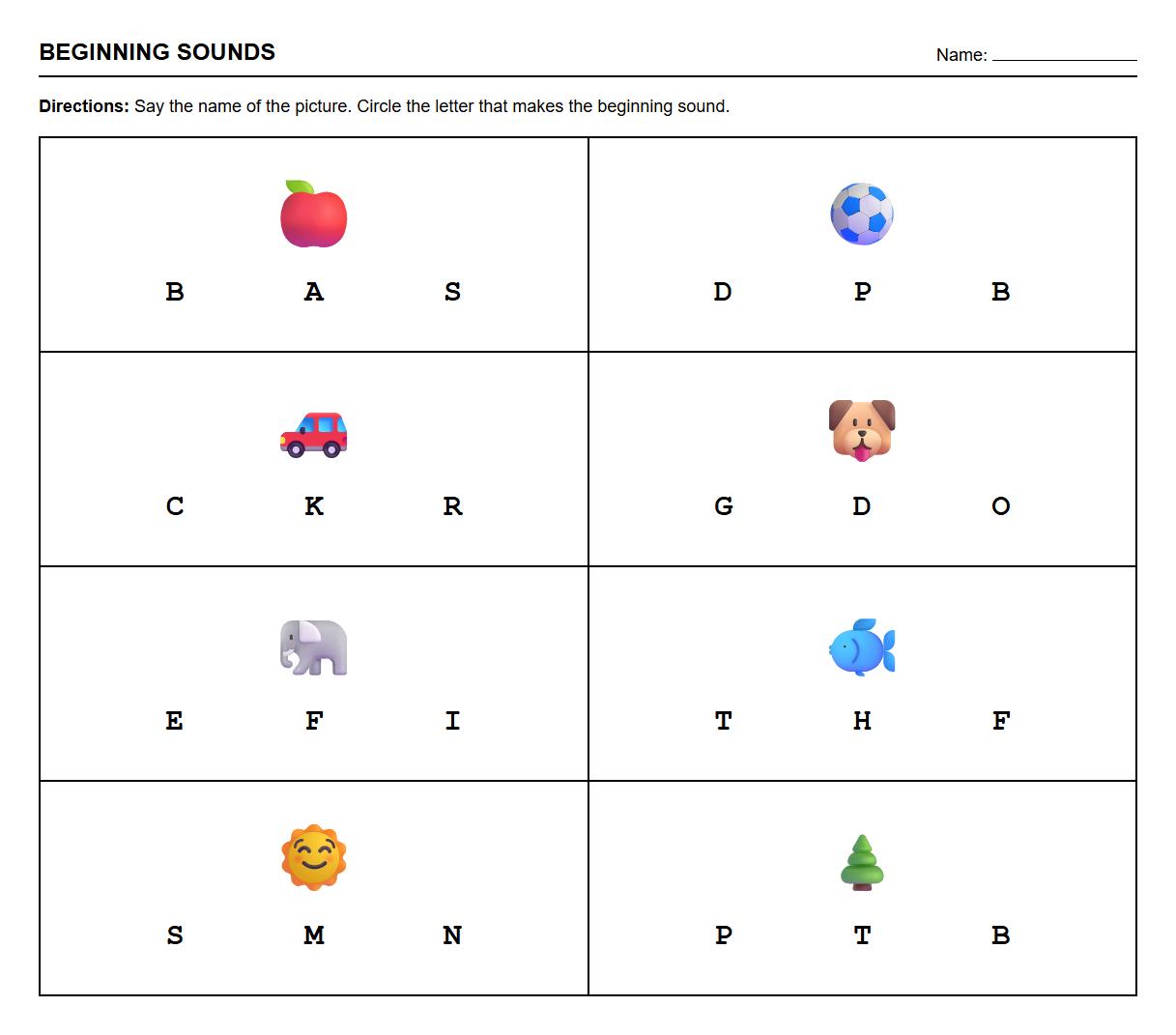 Beginning Sounds Identification Phonics Worksheet