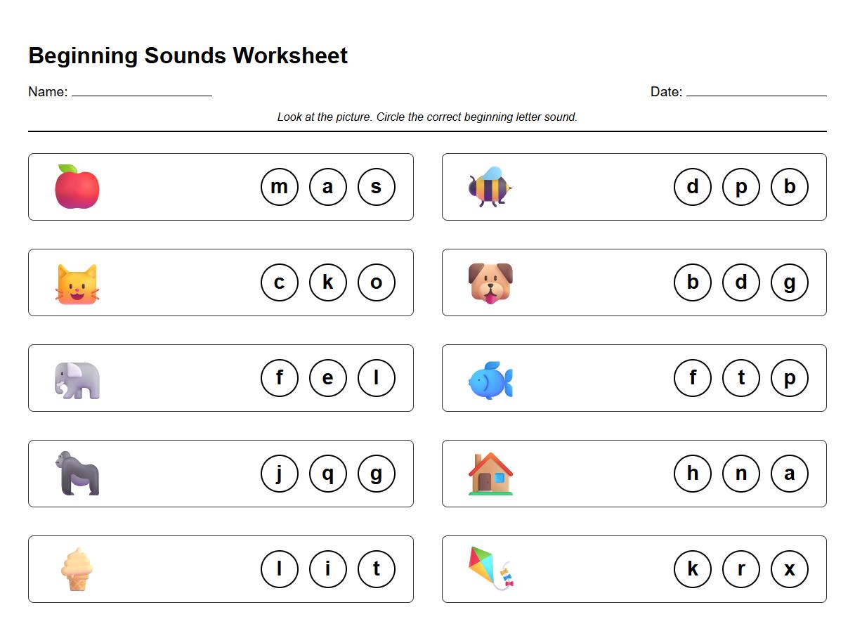 Beginning Sounds Picture to Letter Visual Discrimination Worksheet Phonics