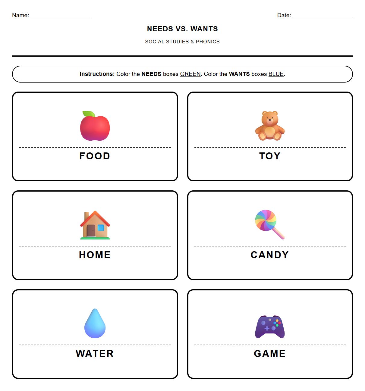 Blend Sound Needs vs Wants Coloring Page