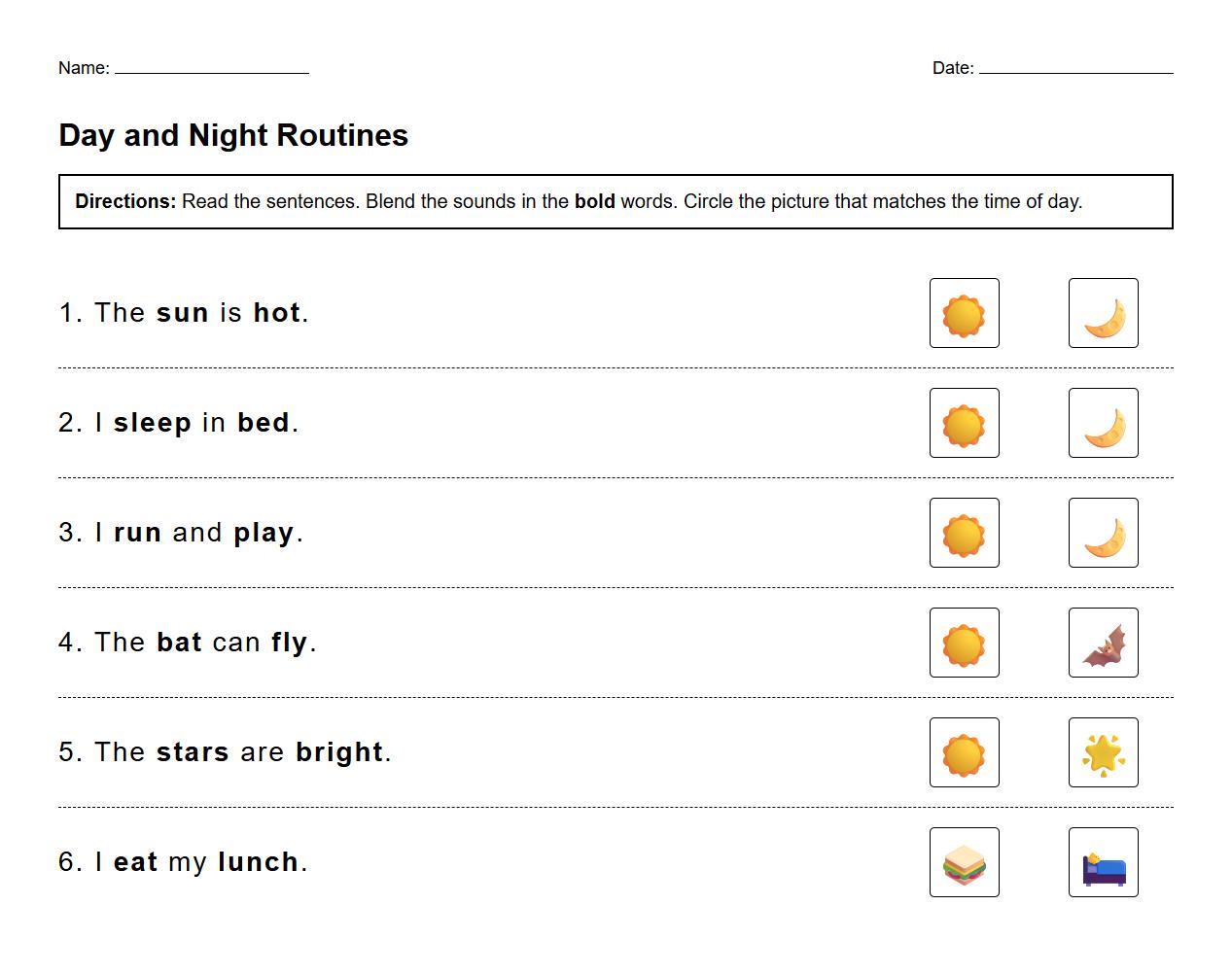 Blending phonics sounds in sentences about day and night routines