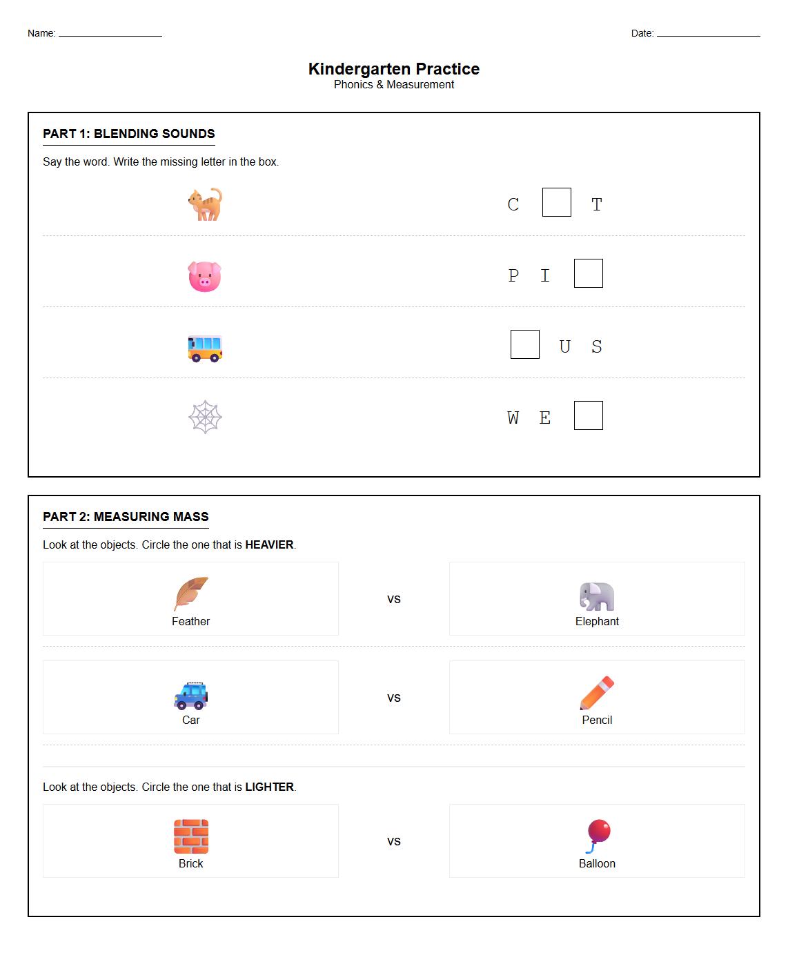 Blending Sounds and Measuring Object Mass Worksheet