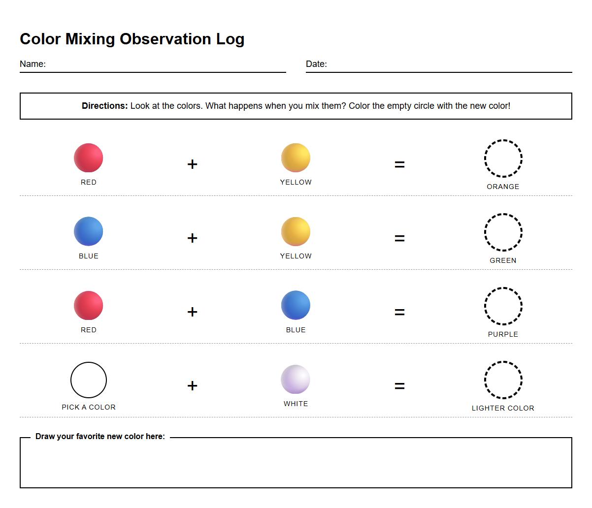 Cause and Effect Color Mixing Observation Log