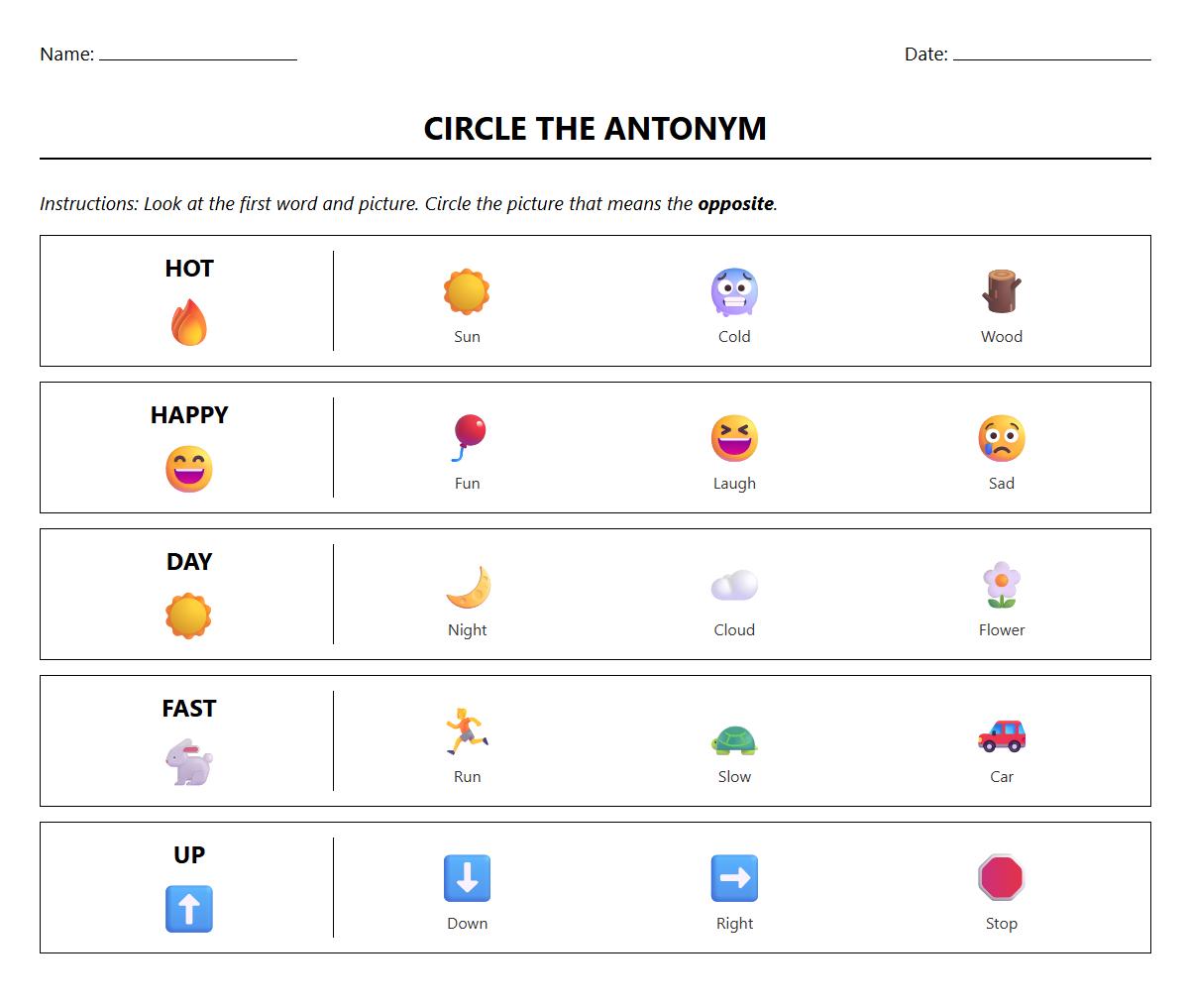 Circle the Antonym Multiple Choice Page