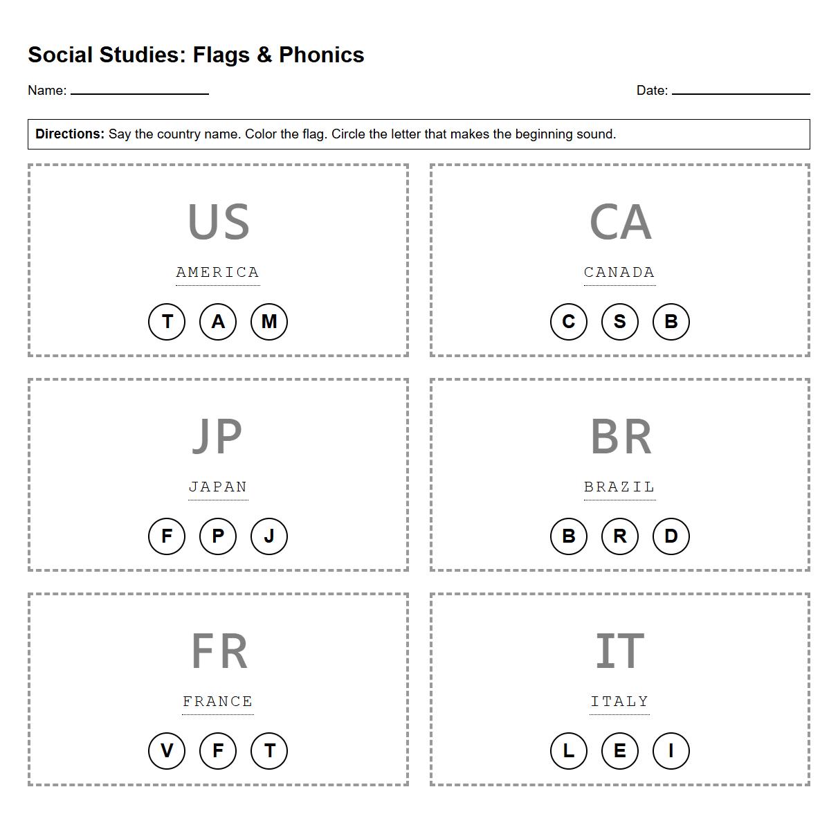 Circle and Color Country Flags Phonics Blending Sounds Worksheet