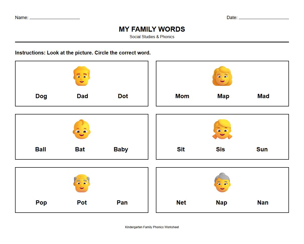 Circle the Correct Name Phonics Activity for Family Relations