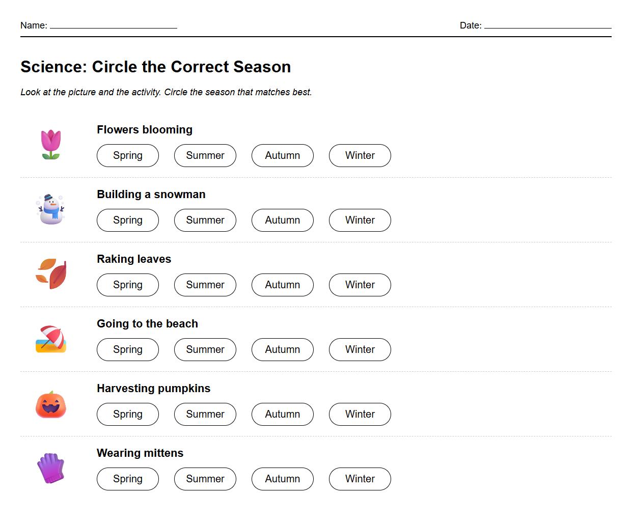 Circle the Correct Season Worksheet with Illustrated Seasonal Activities