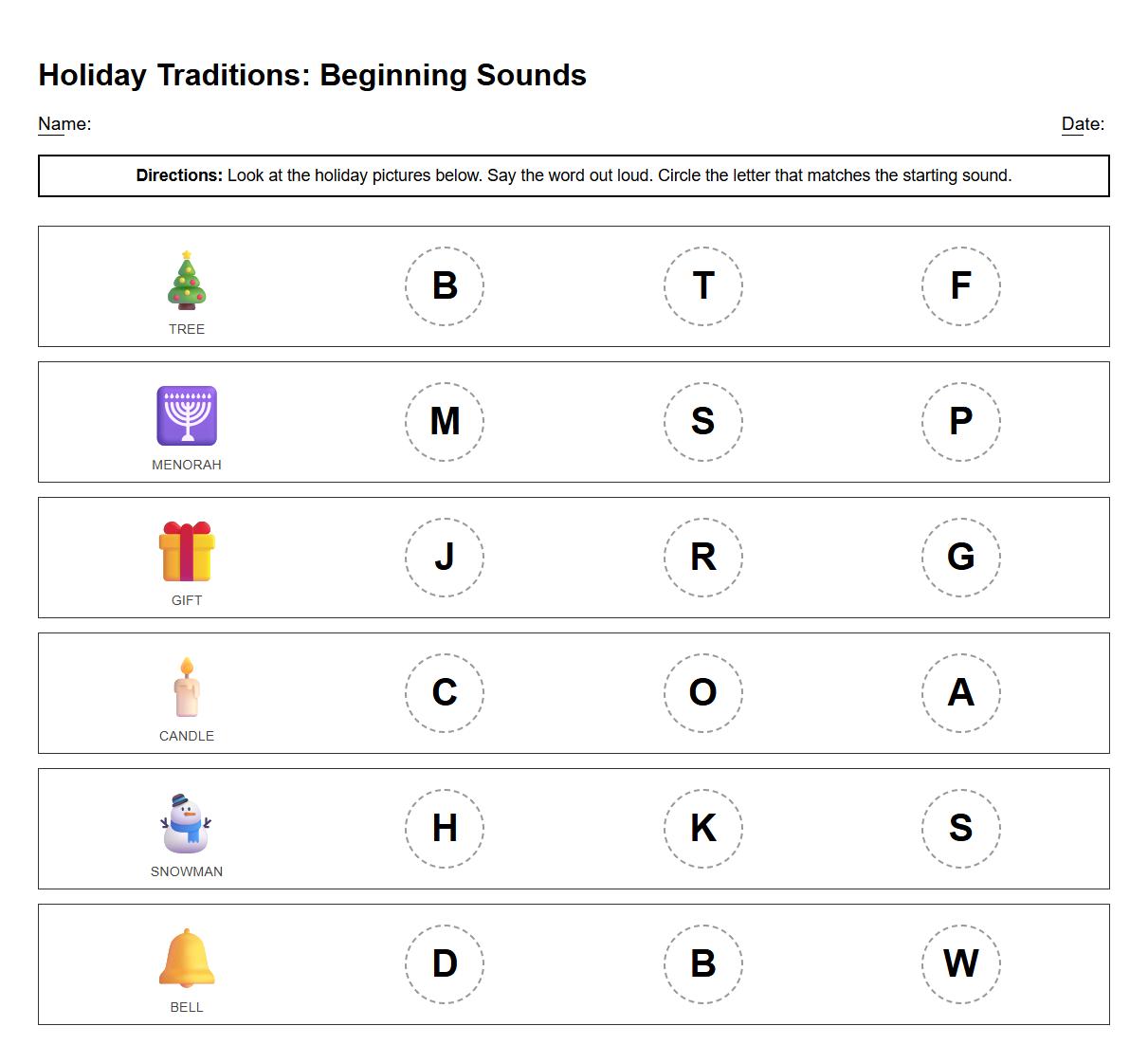 Circle the letter activity with Winter-themed holiday icons