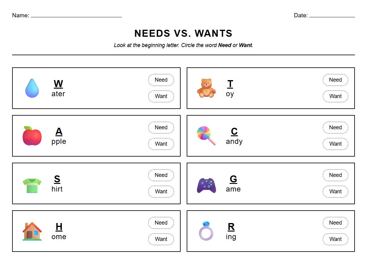 Circle the Needs and Wants with Beginning Phonics Letters