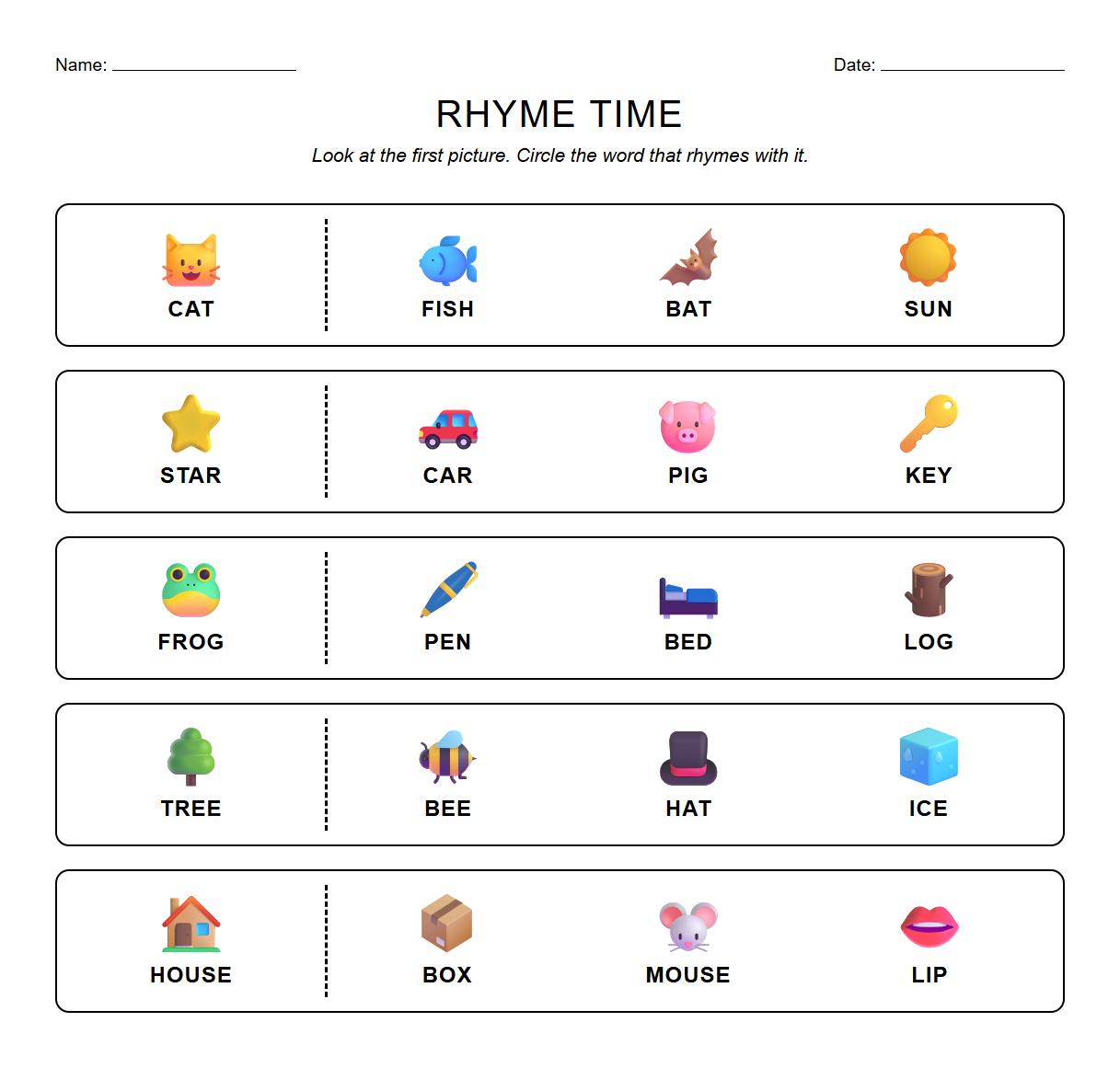 Circle the Word that Rhymes Task for Early Readers