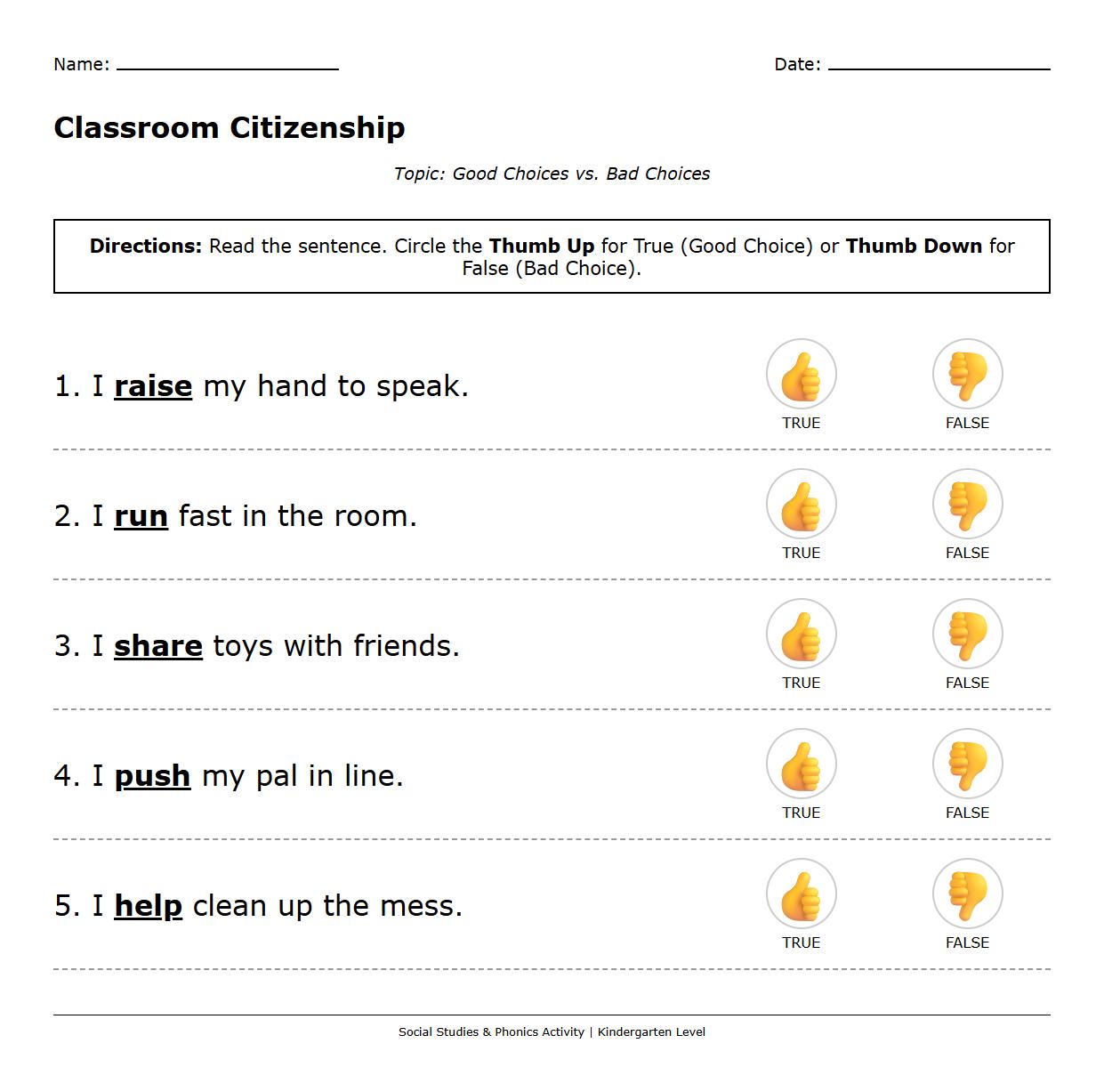 Citizenship and Classroom Expectations True or False Phonics Worksheet