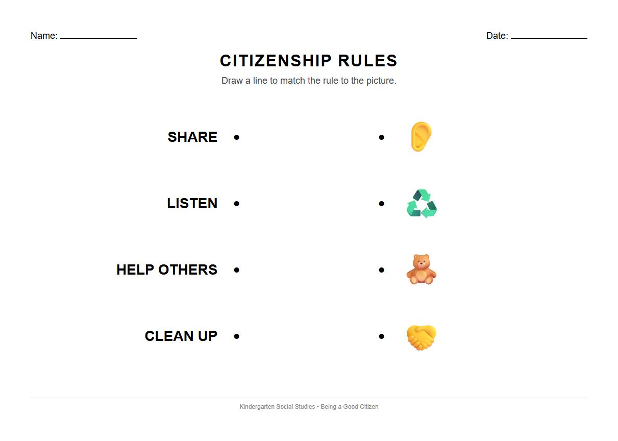 Citizenship Rules Vocabulary and Image Association Worksheet