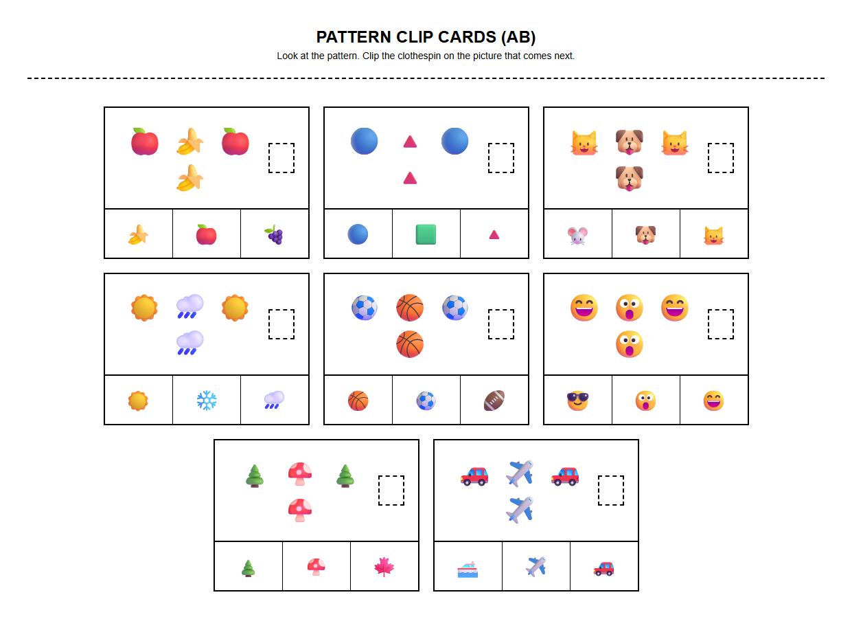 Clothespin Clip Cards Focusing on AB Pattern Formation