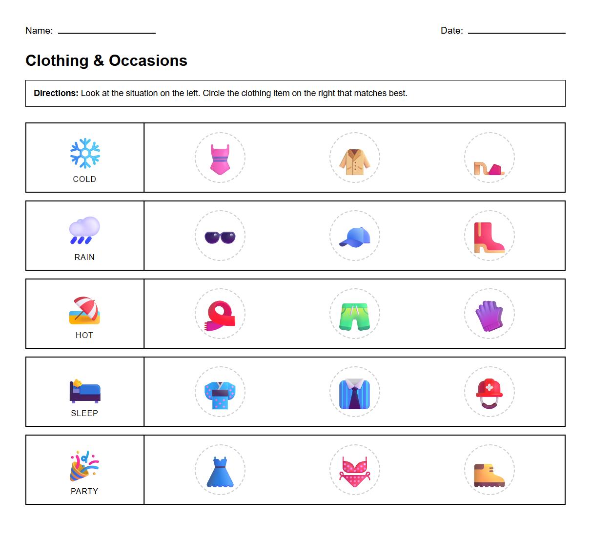 Clothing Styles Visual Discrimination Chart