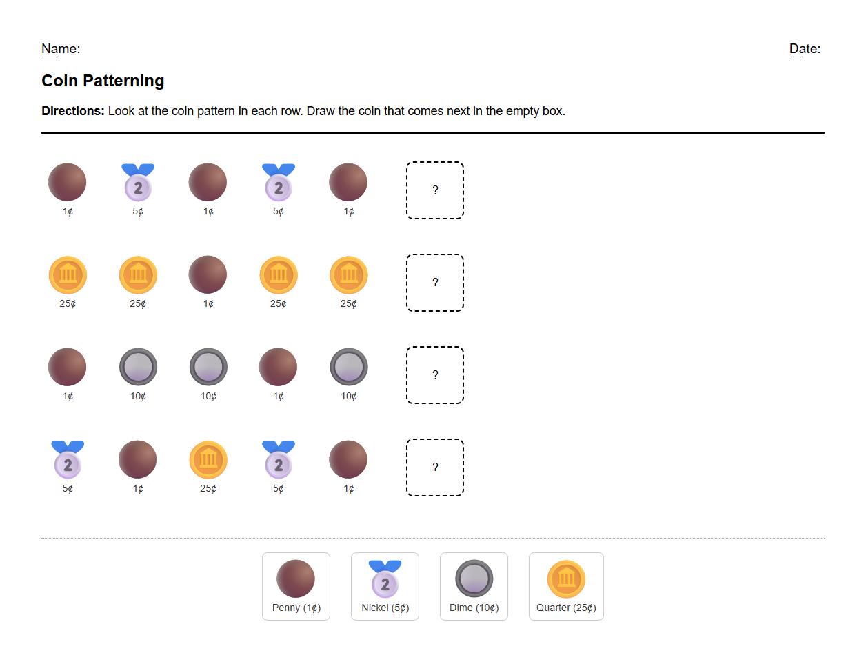 Coin Patterning Sequencing Worksheet