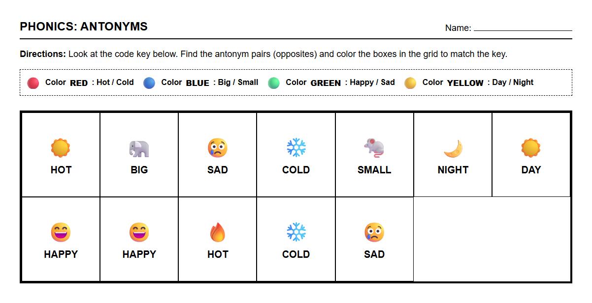Color by Antonym Phonics Page