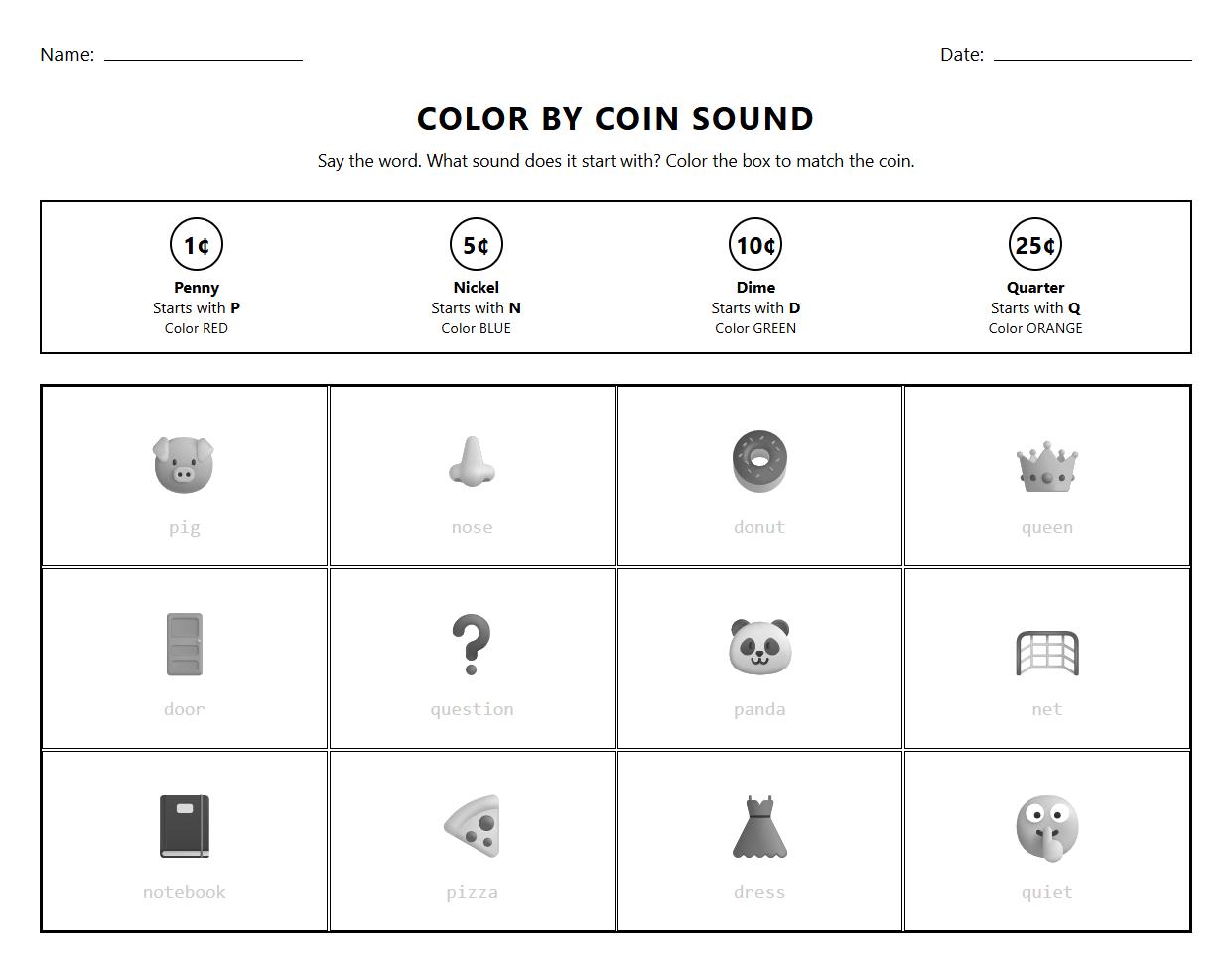 Color by Coin Phonics Activity associating beginning sound of coin names