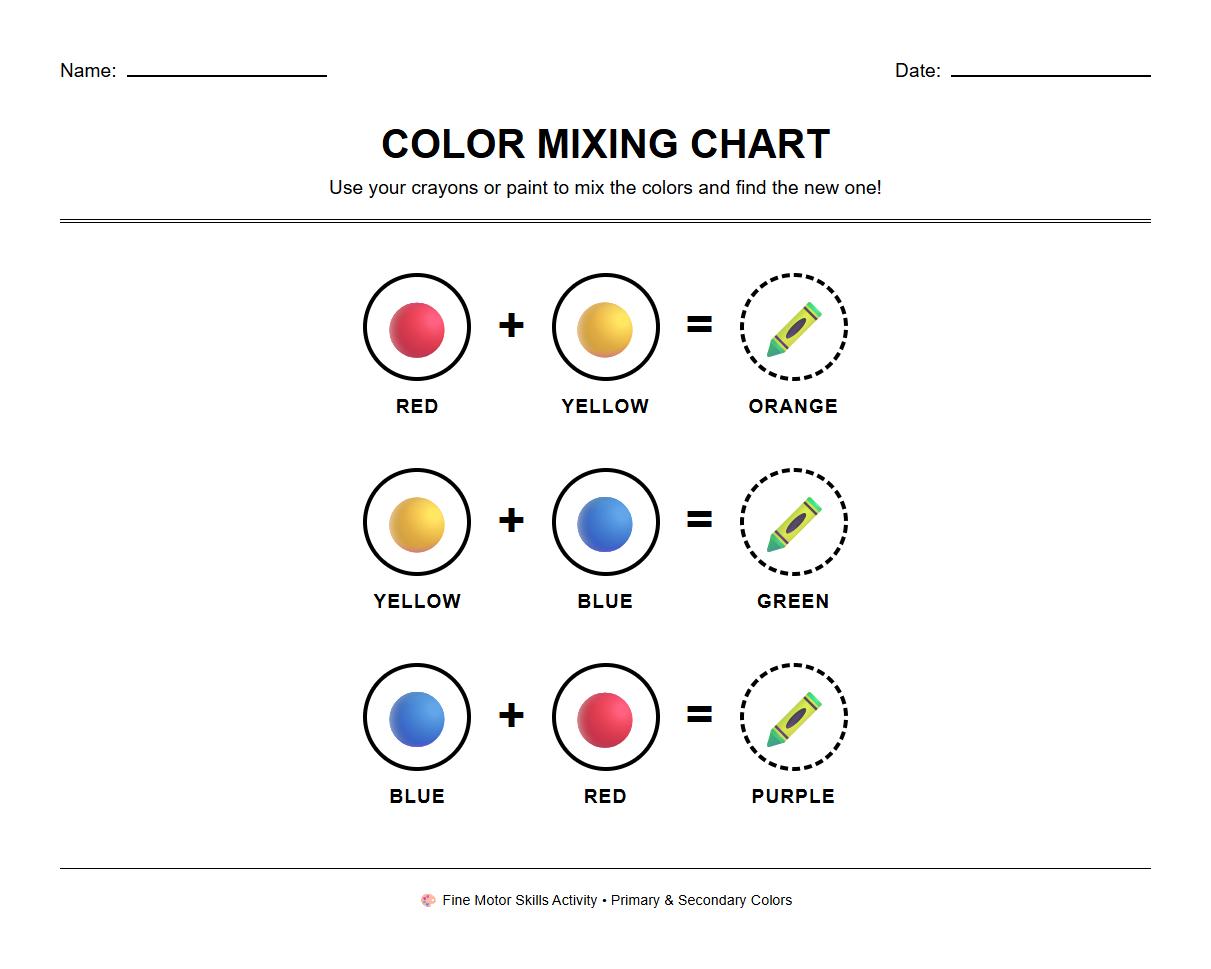 Color Mixing Chart Worksheet for Understanding Primary and Secondary Color Formation