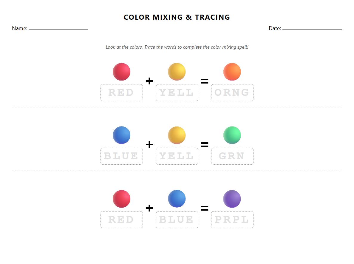 Color Mixing Vocabulary Tracing Worksheet