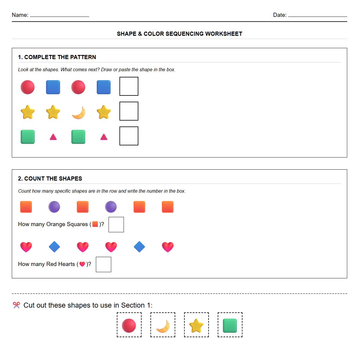 Color and Shape Identification Sequencing Worksheet