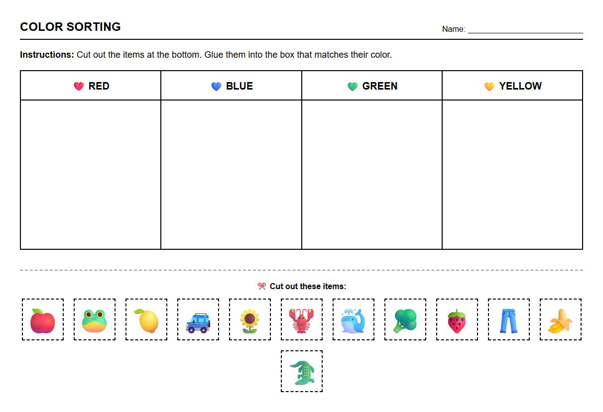 Color sorting and classification chart activity