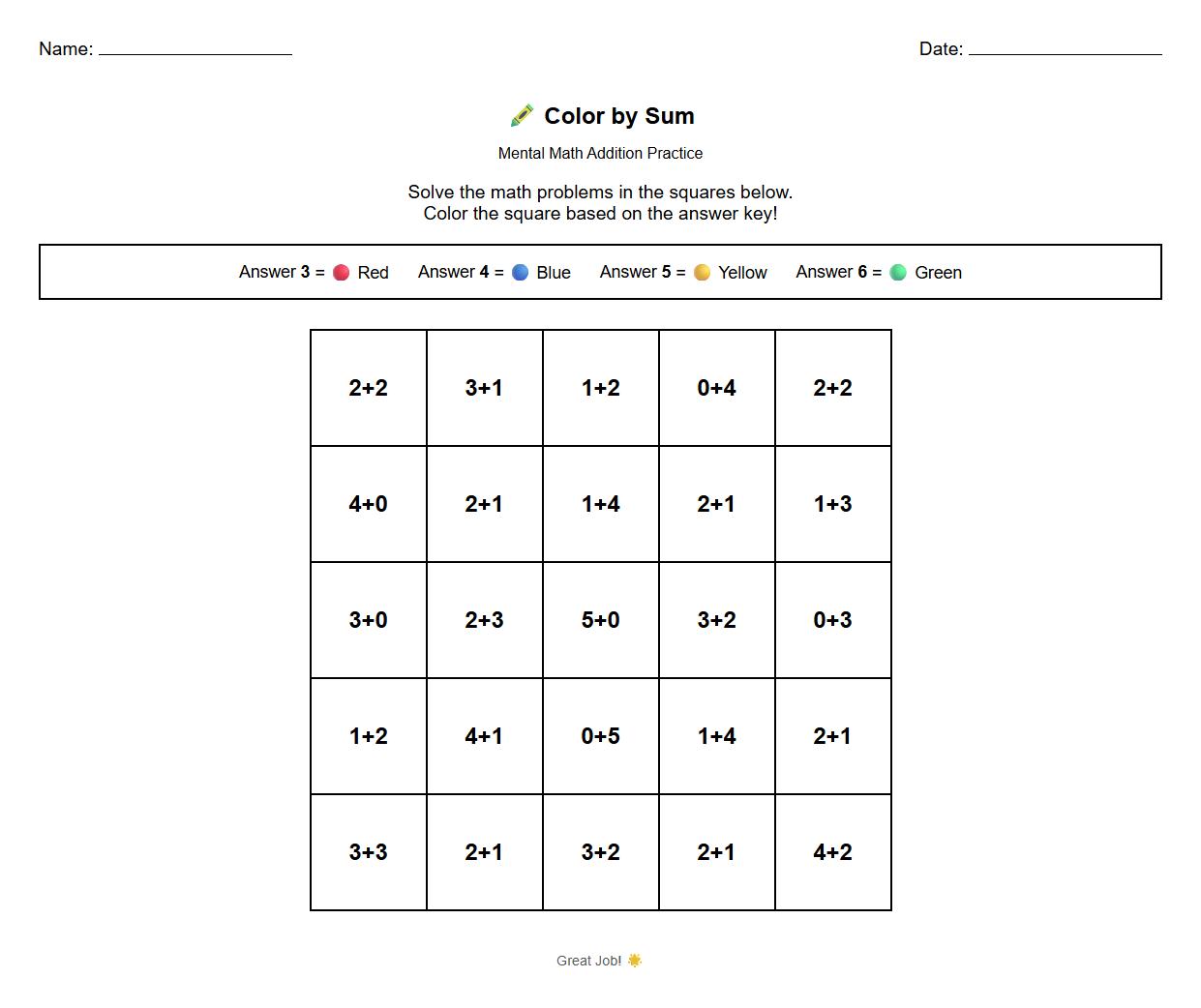 Color by sum addition practice emphasizing mental math