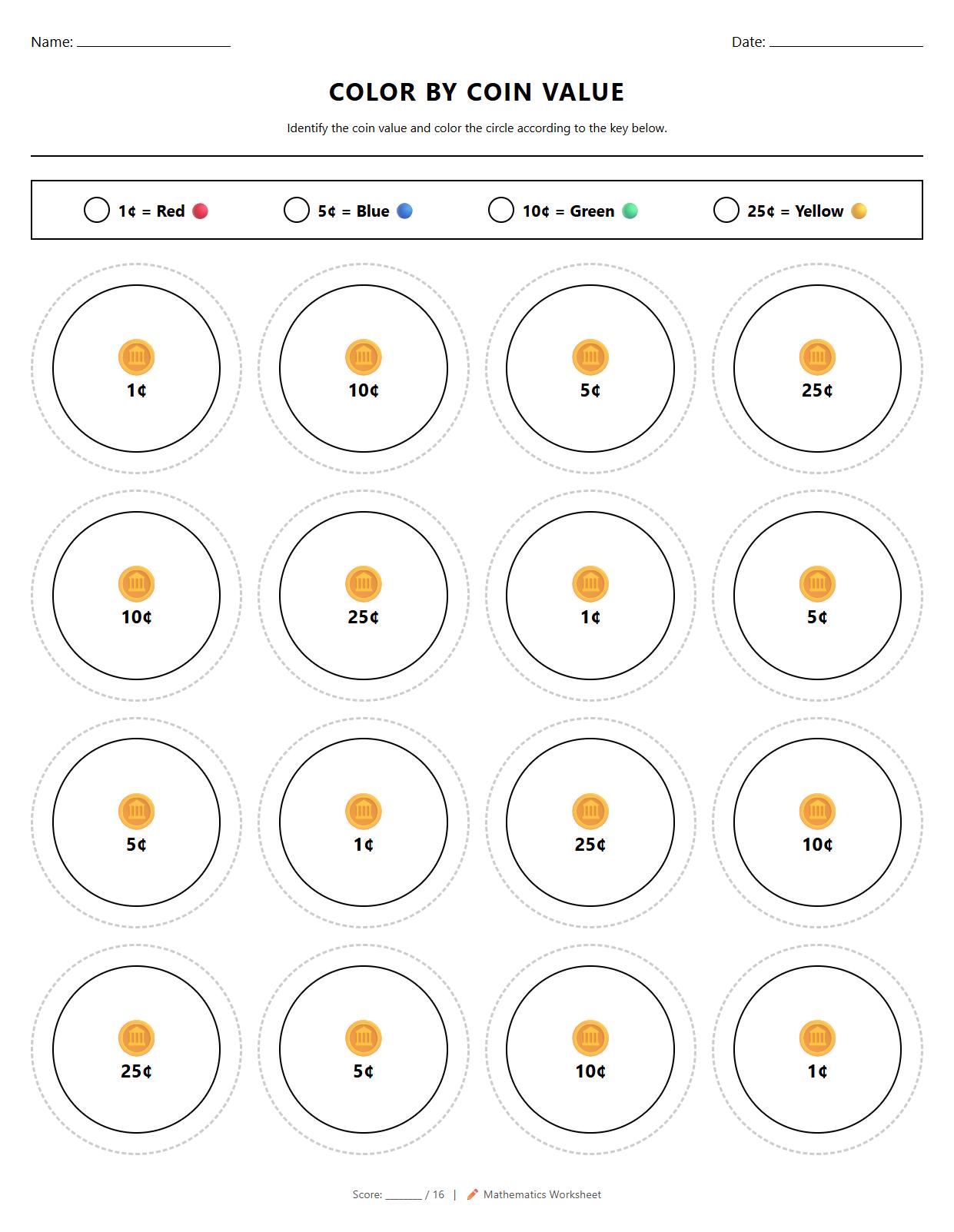 Color by Value Coin Recognition Worksheet