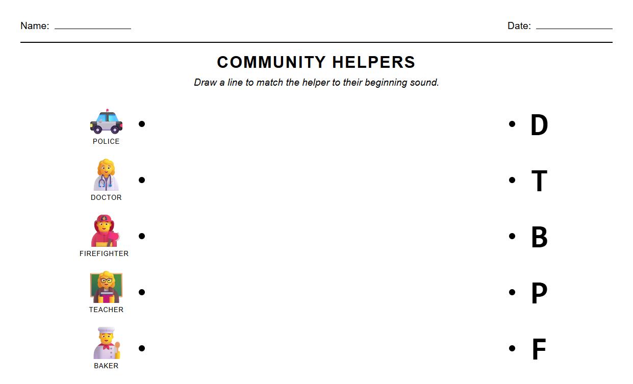 Community Helpers Phonics Matching Worksheet