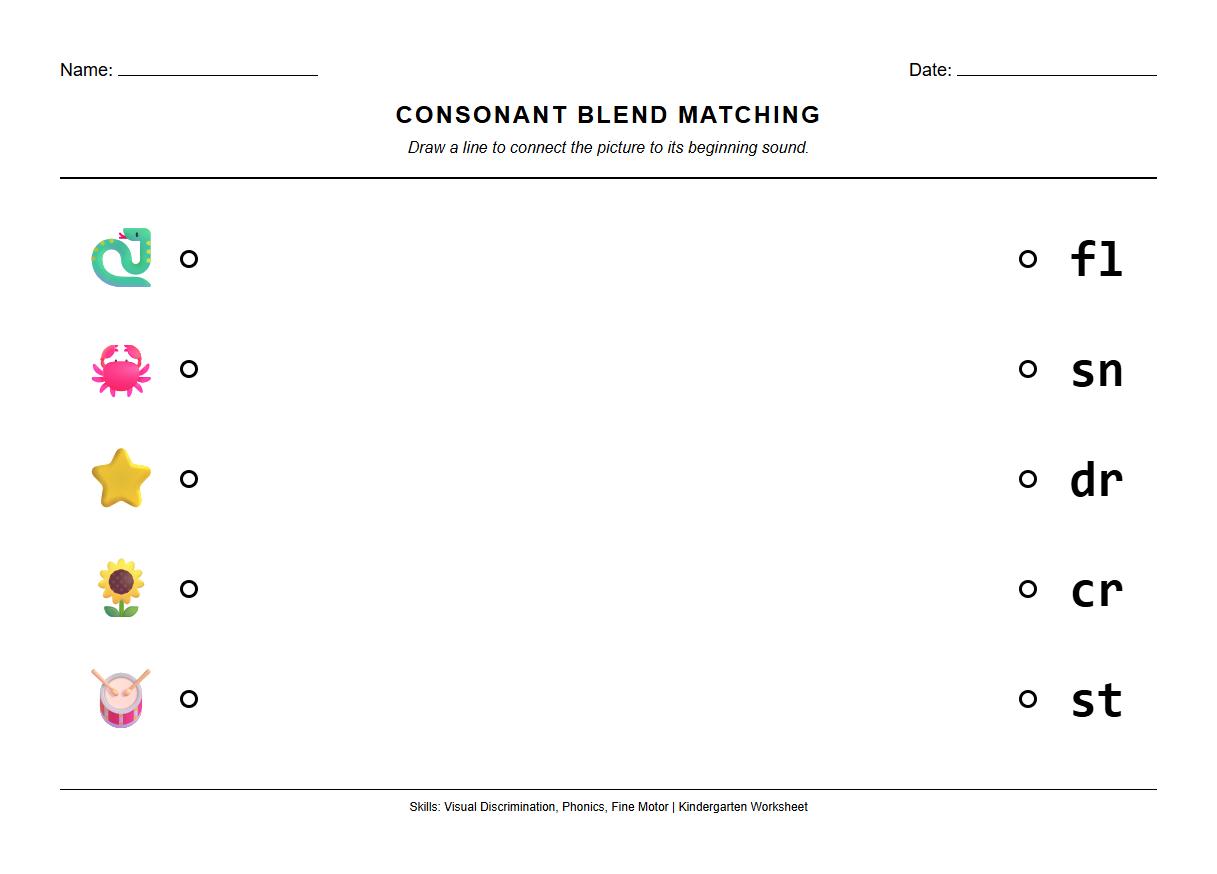 Consonant Blends Visual Discrimination Matching Worksheet Phonics