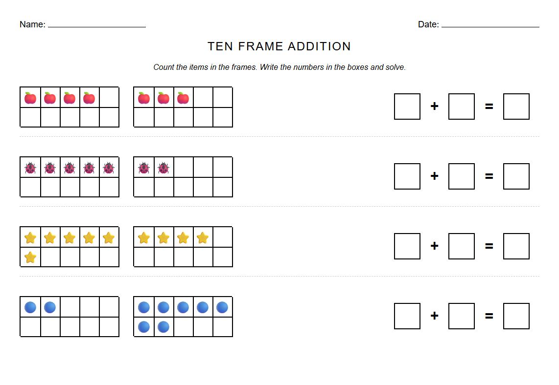 Count and Add with Ten Frames Worksheet