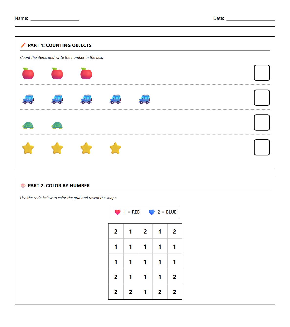 Counting Objects and Color by Number Task
