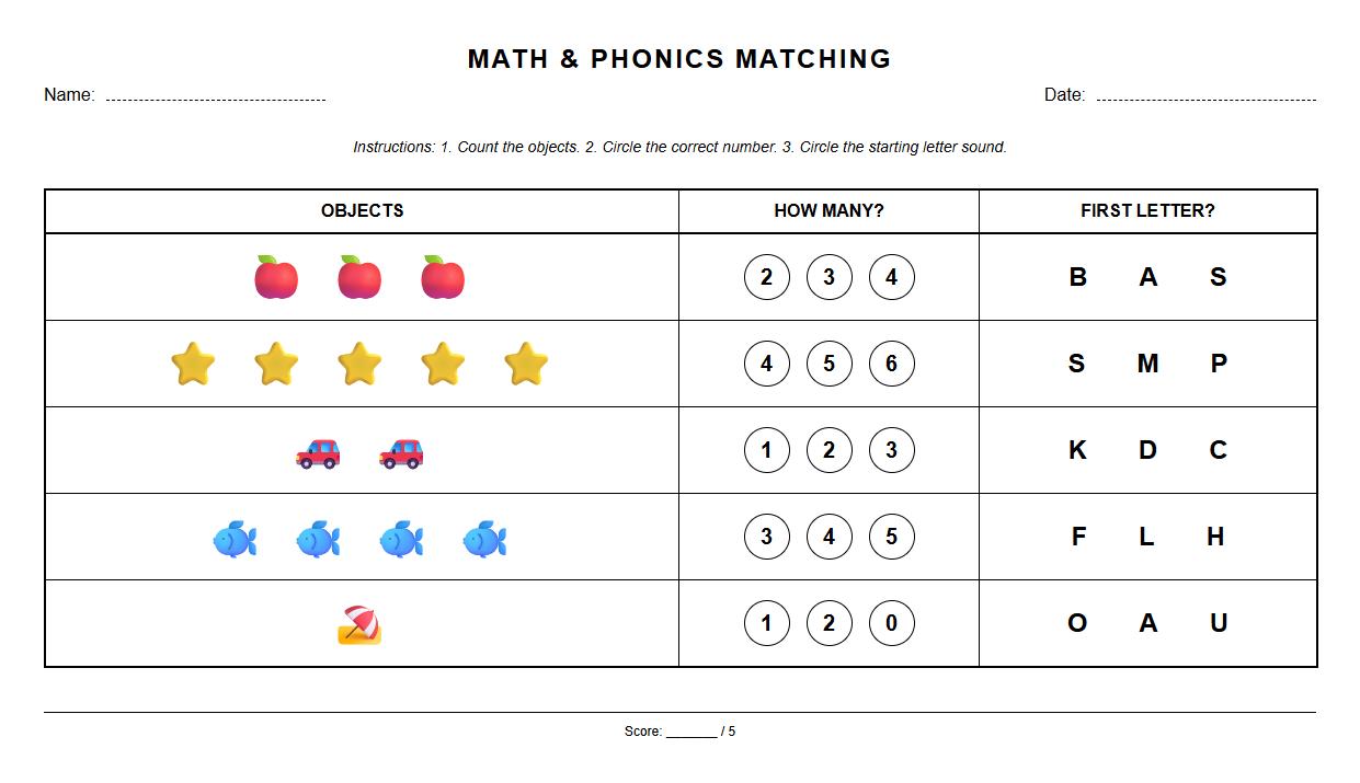 Counting Objects Phonics Matching Worksheet