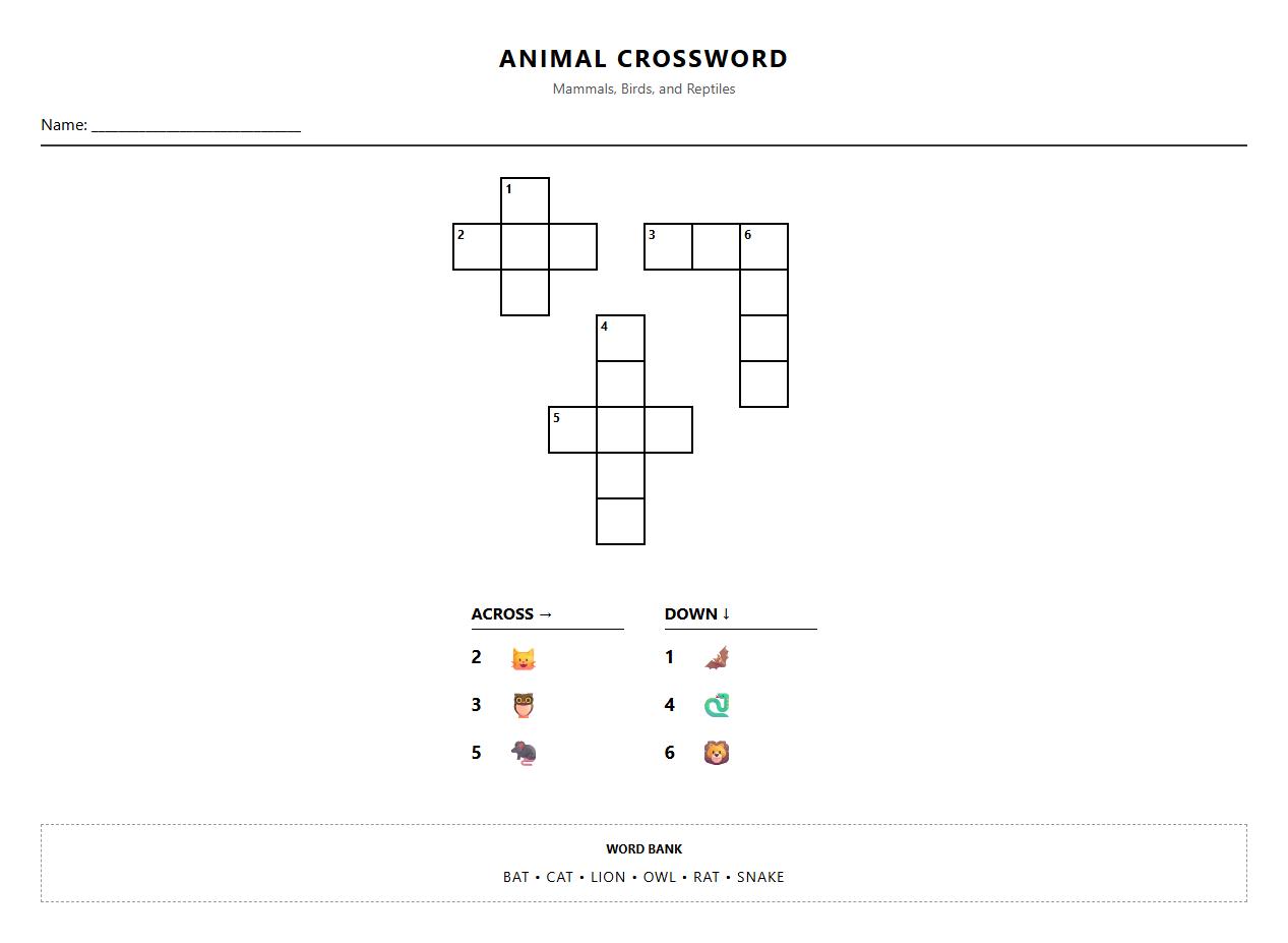 Crossword Puzzle Worksheet with Vocabulary on Mammals Birds and Reptiles