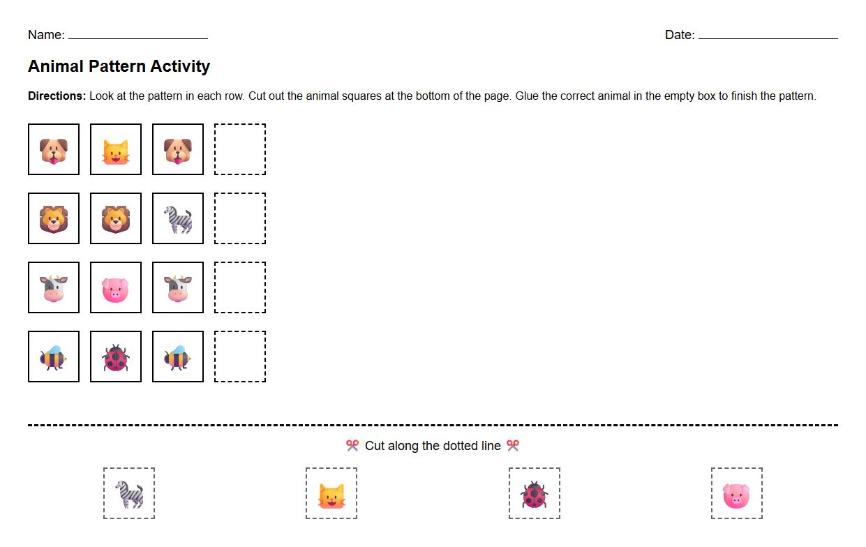 Cut and Assemble Animal Pattern Worksheet
