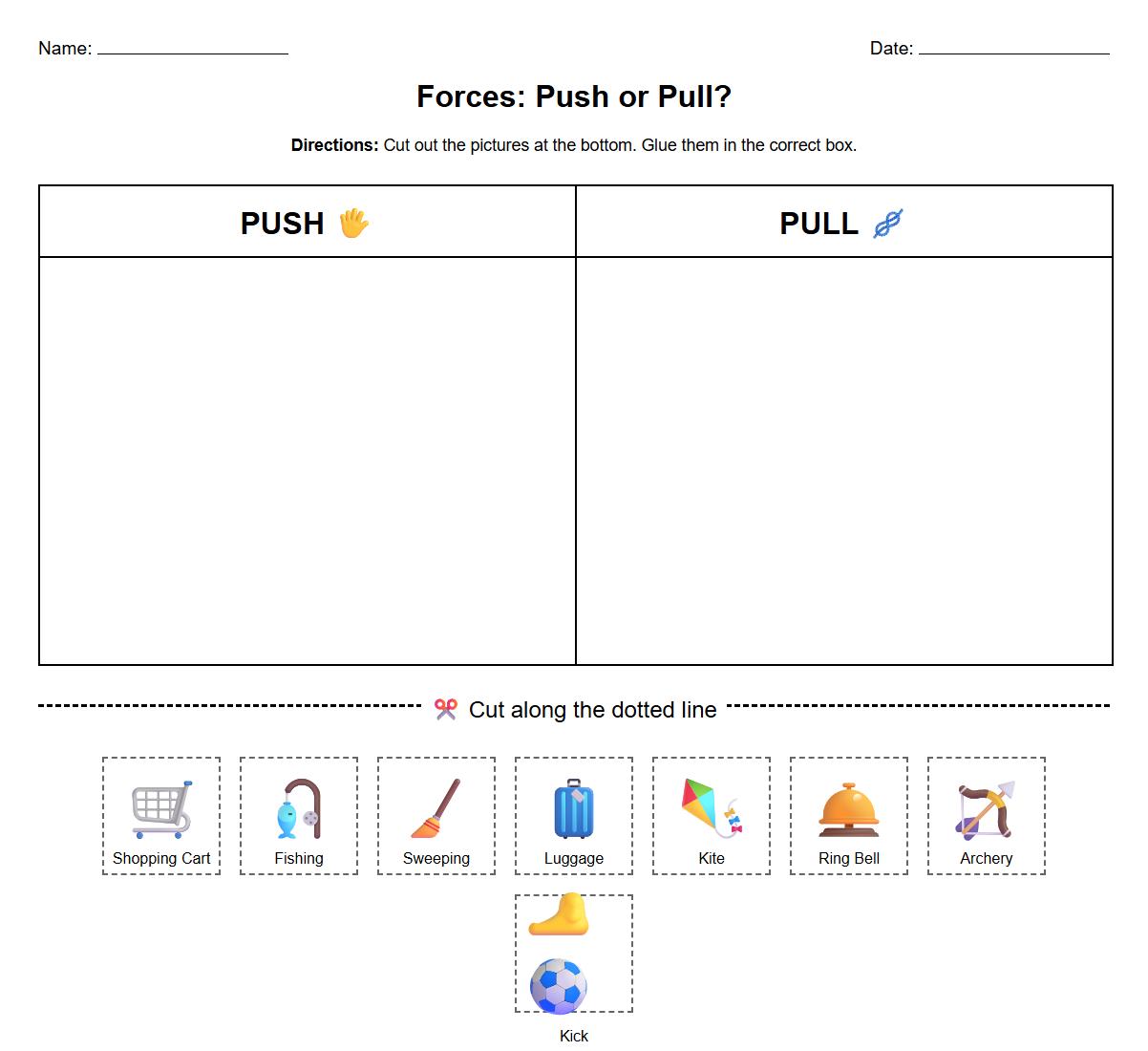 Cut and Paste Forces Identification Worksheet (Push or Pull)