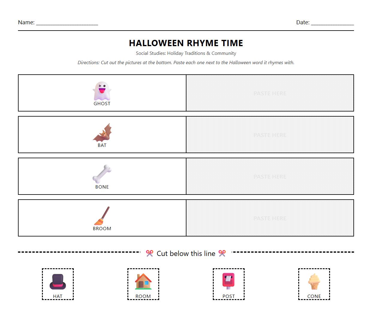 Cut and Paste Rhyming Words using Halloween Theme