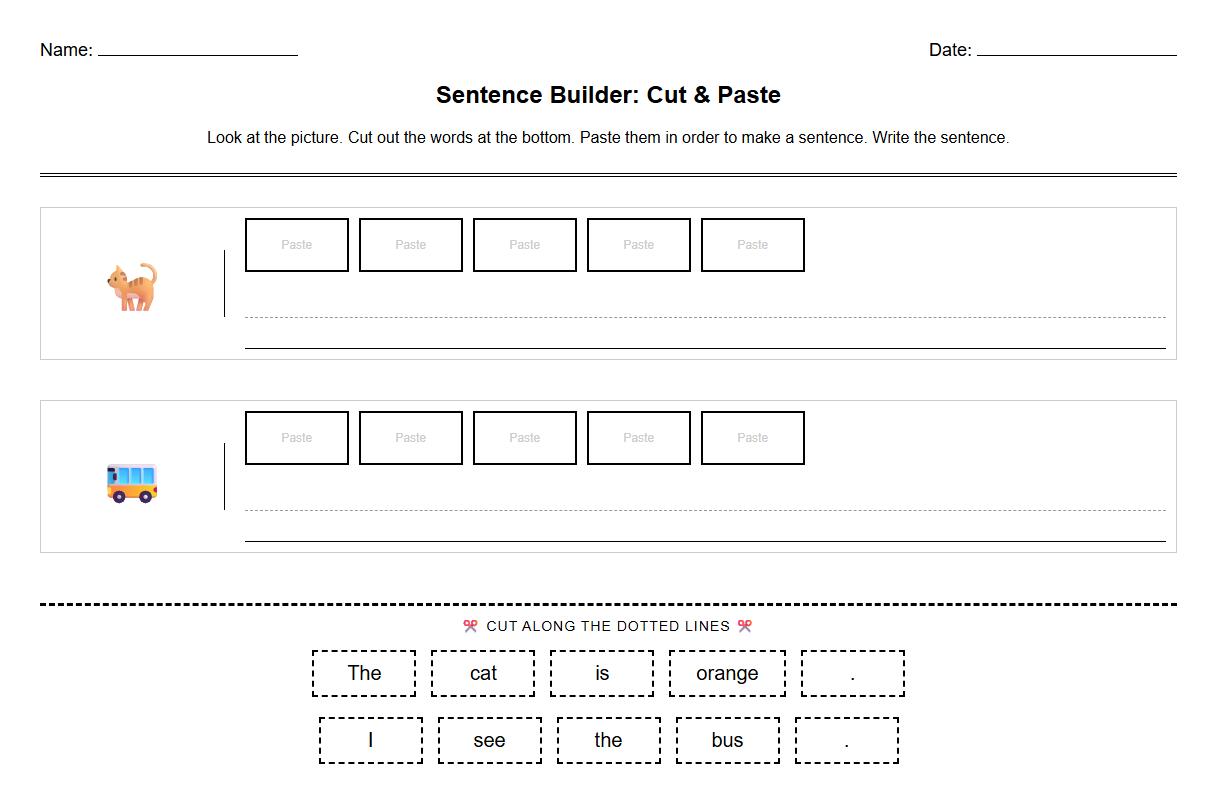 Cut and Paste Sentence Builder worksheets