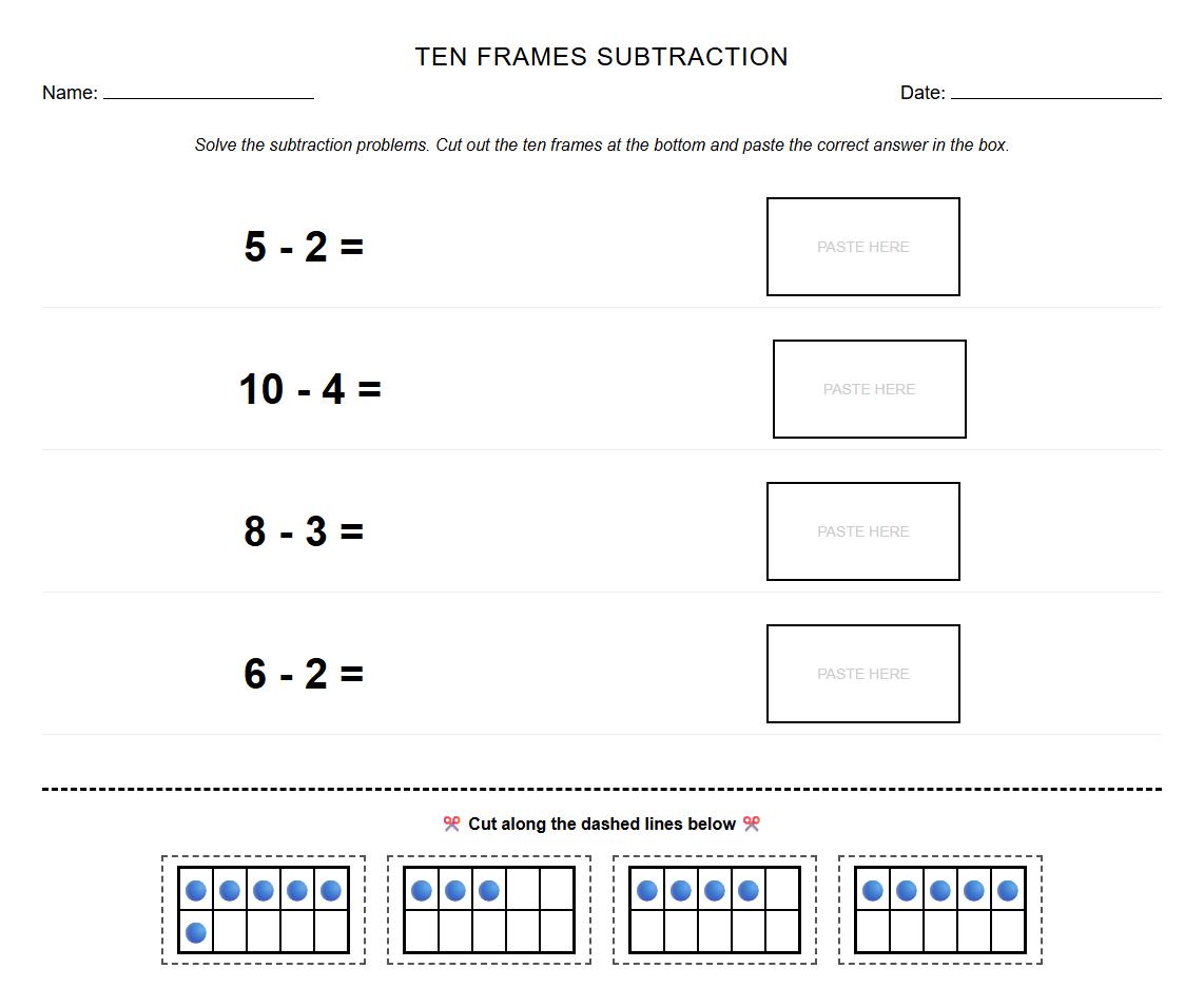 Cut and Paste Ten Frames Subtraction Exercise