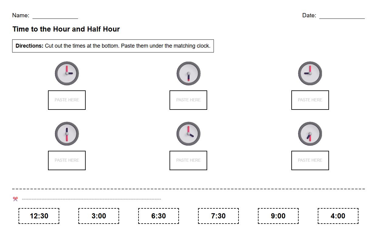 Cut and Paste Time to the Hour and Half Hour Activity