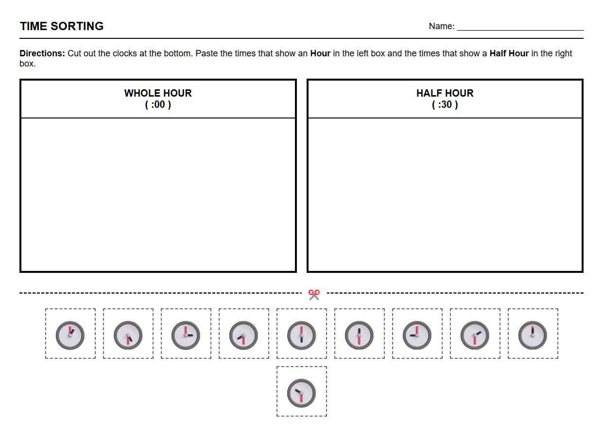 Cut and Paste Time Sorting Hour and Half Hour Activity